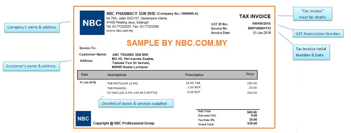 Tax Invoice Sample for GST by nbc.com.my